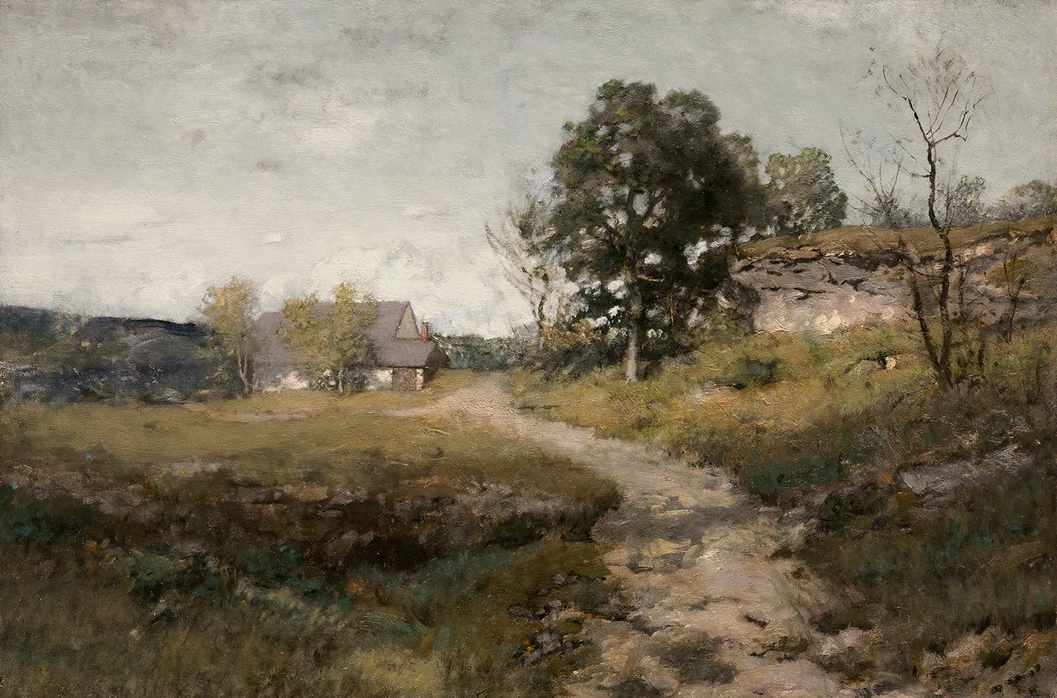 A landscape oil painting of a country road.