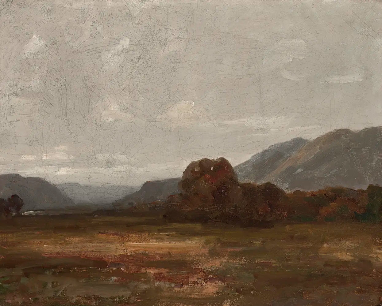 A landscape oil painting of an open field in autumn. 