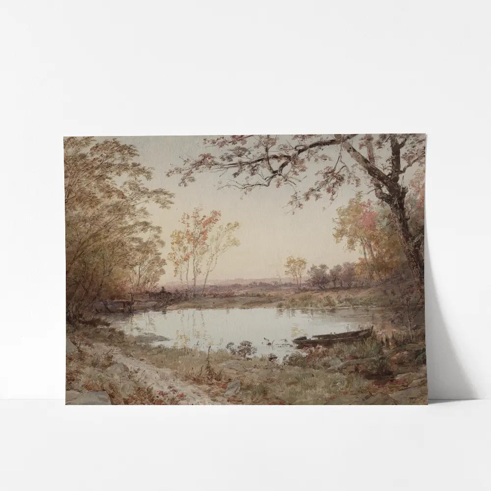 A mockup view of a landscape oil painting of a pond nestled within a dense forest.