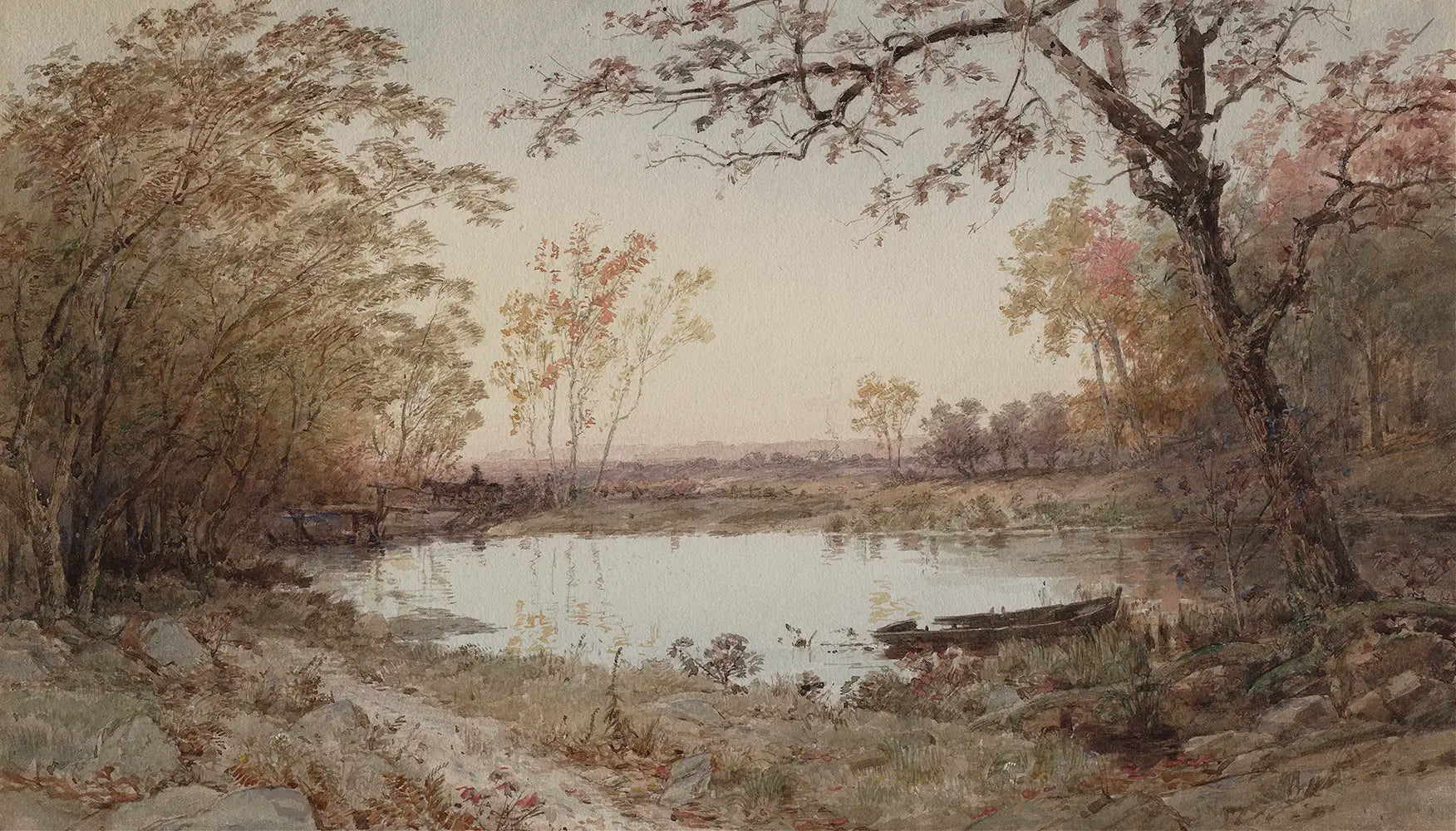 A landscape oil painting of a pond nestled within a dense forest.