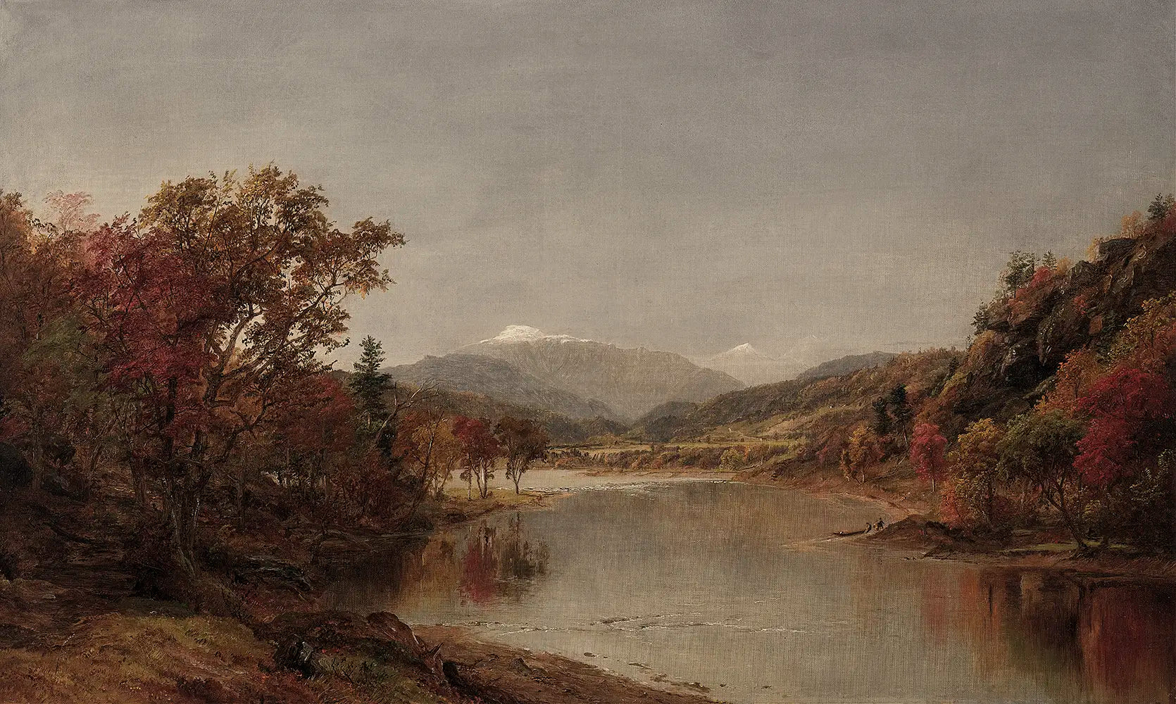 A landscape oil painting of a hillside river in autumn.