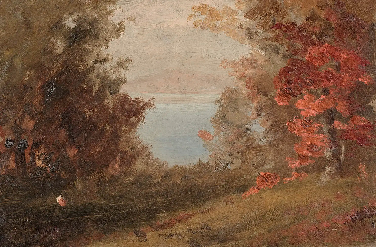 A landscape oil painting of a woodland lake in fall.