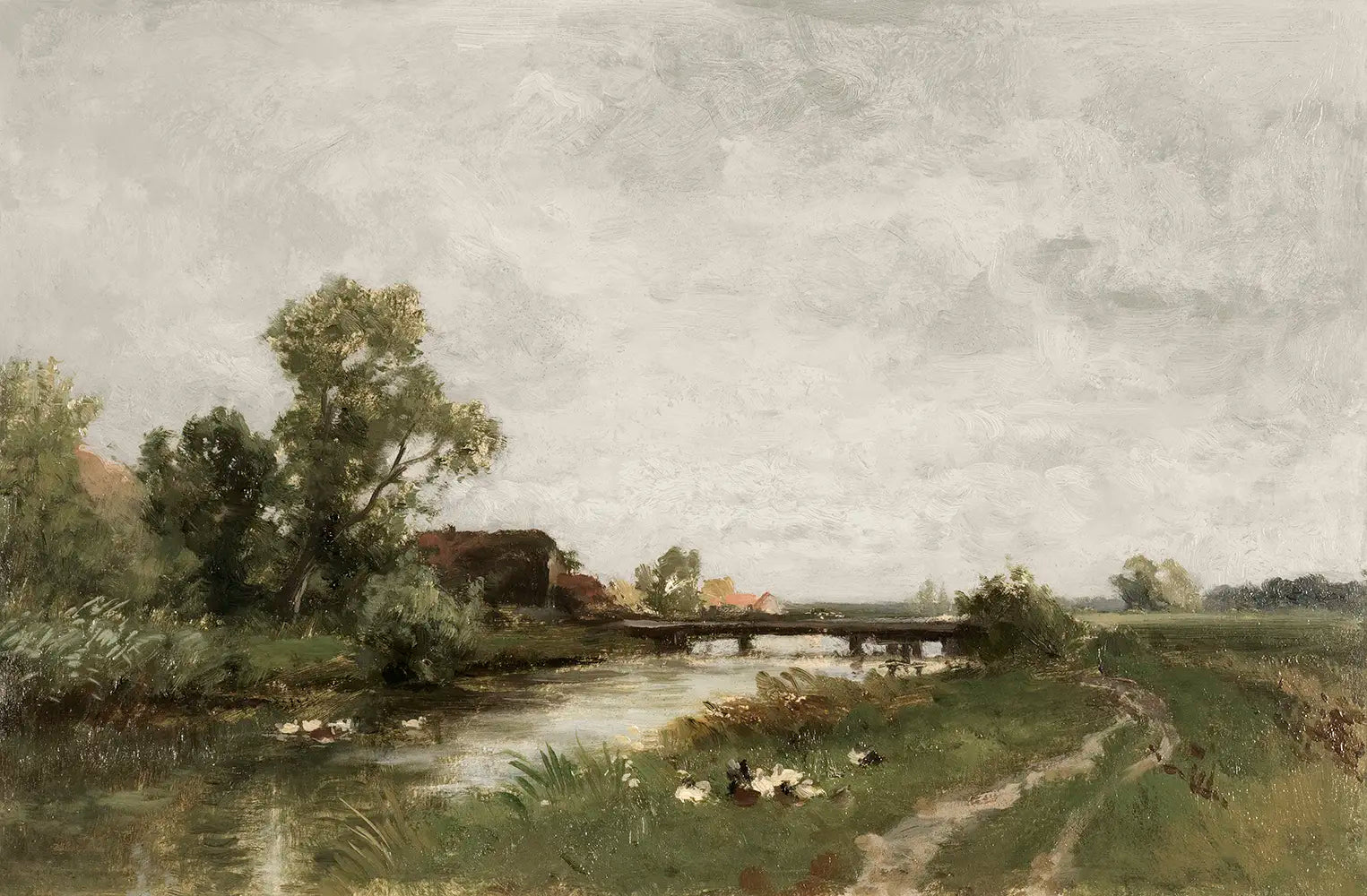 A landscape oil painting of the countryside along the Ampere River.