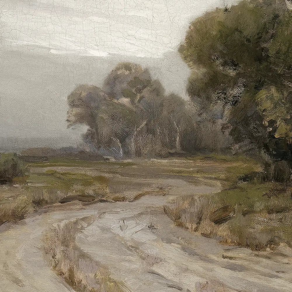 A closeup view of a landscape oil painting of a country road.