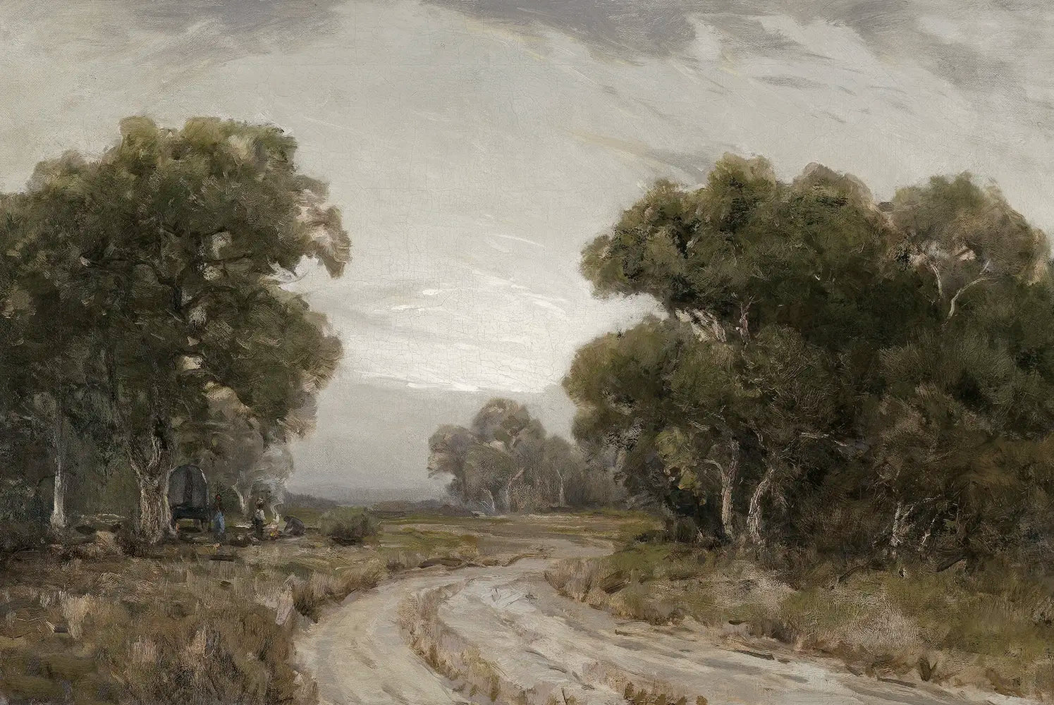 A landscape oil painting of a country road.