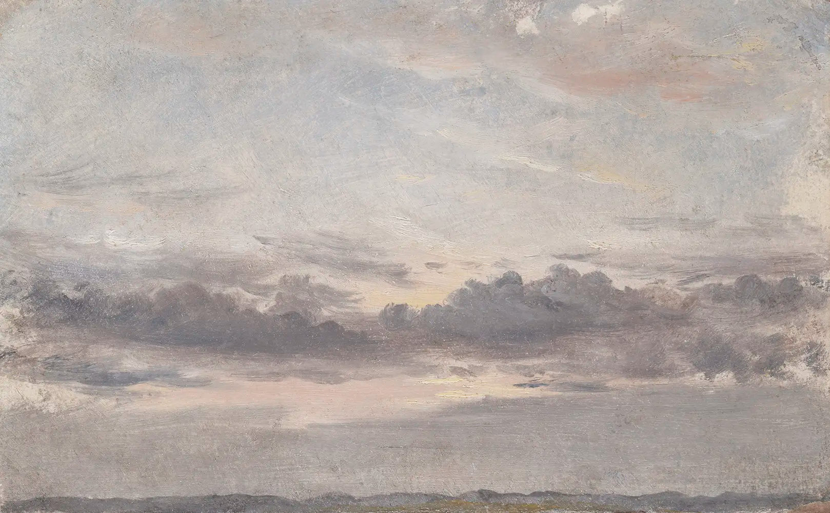 A landscape oil painting of a cloudy sky at sunset.