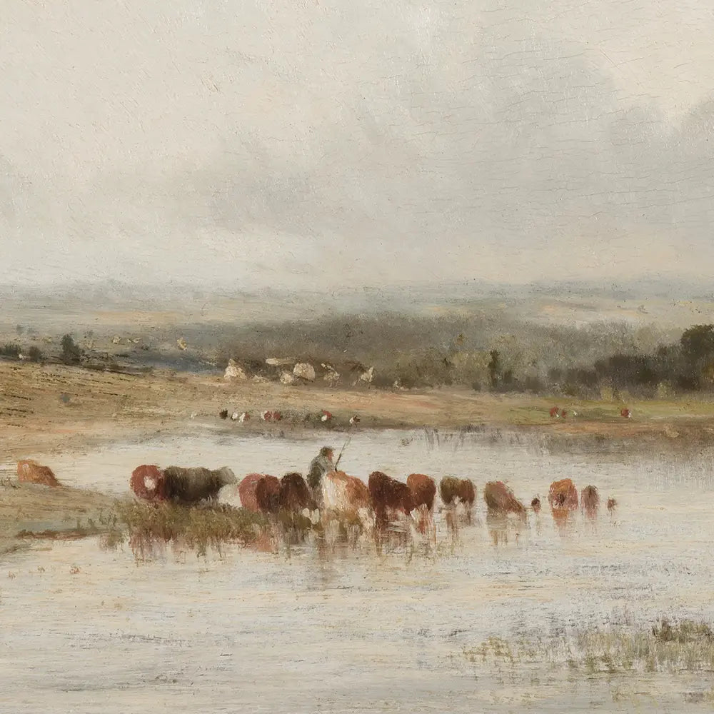 A closeup view of a landscape oil painting of a countryside with a herd of cattle grazing by a river.