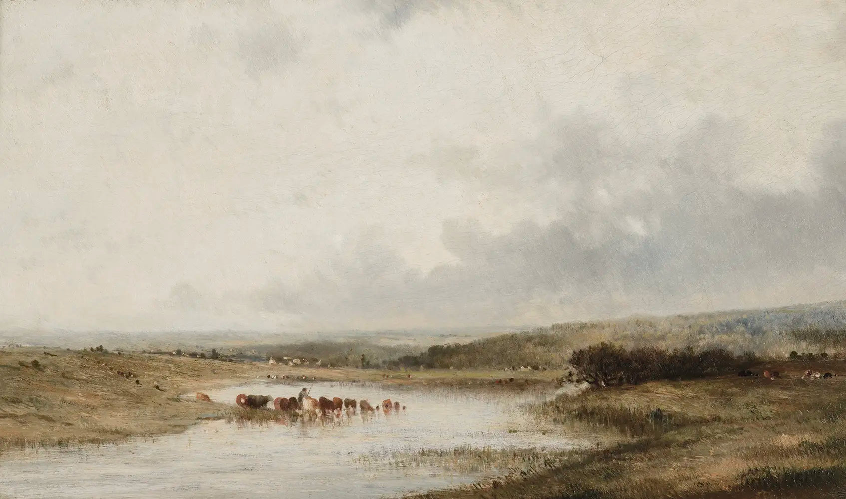 A landscape oil painting of a countryside with a herd of cattle grazing by a river.