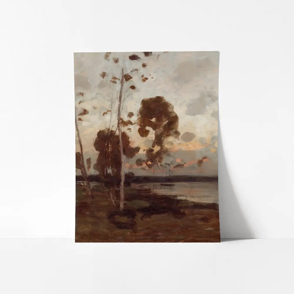 A mockup view of an abstract landscape painting captures a serene autumn sunset.