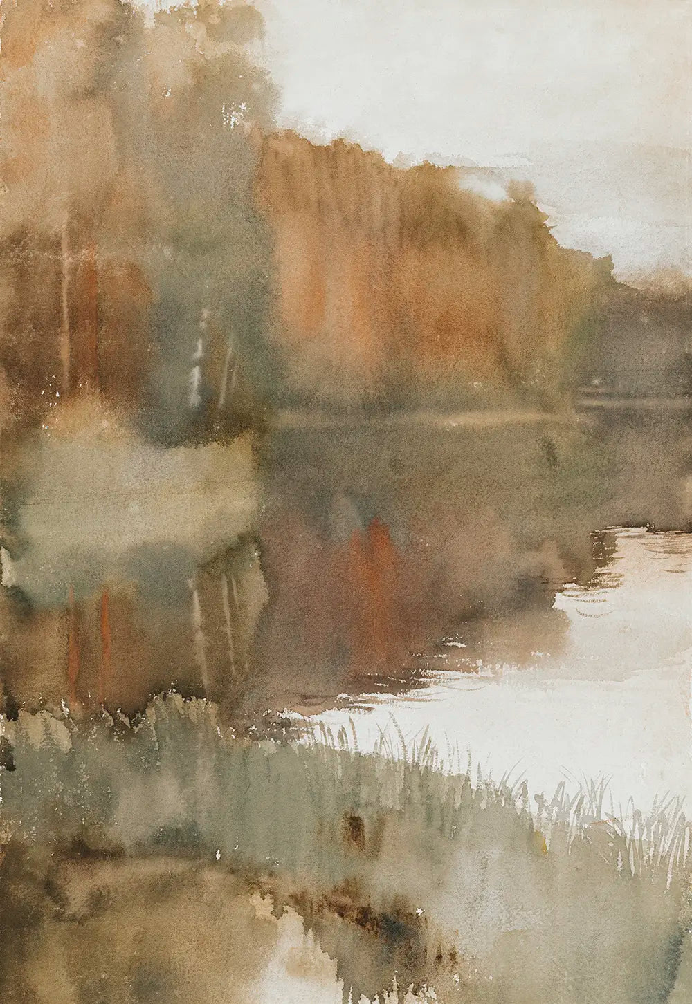 A watercolor painting of a lakeside in autumn.