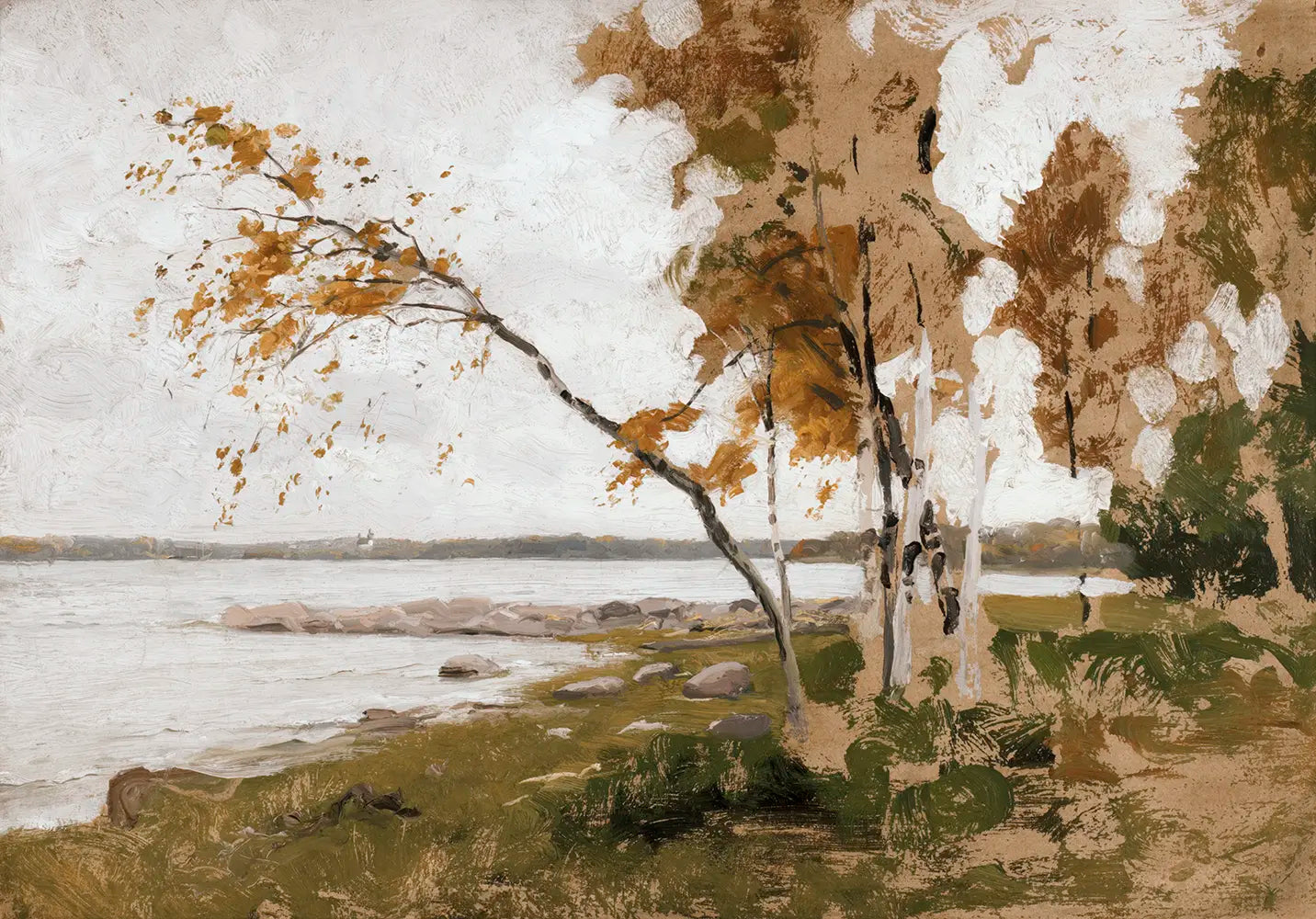 A vintage printable wall art featuring a fall landscape painting of birch trees on a rocky lakeshore.