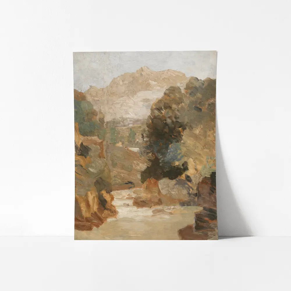 A mockup view of a vintage printable wall art featuring an abstract rocky river landscape painting in autumn.