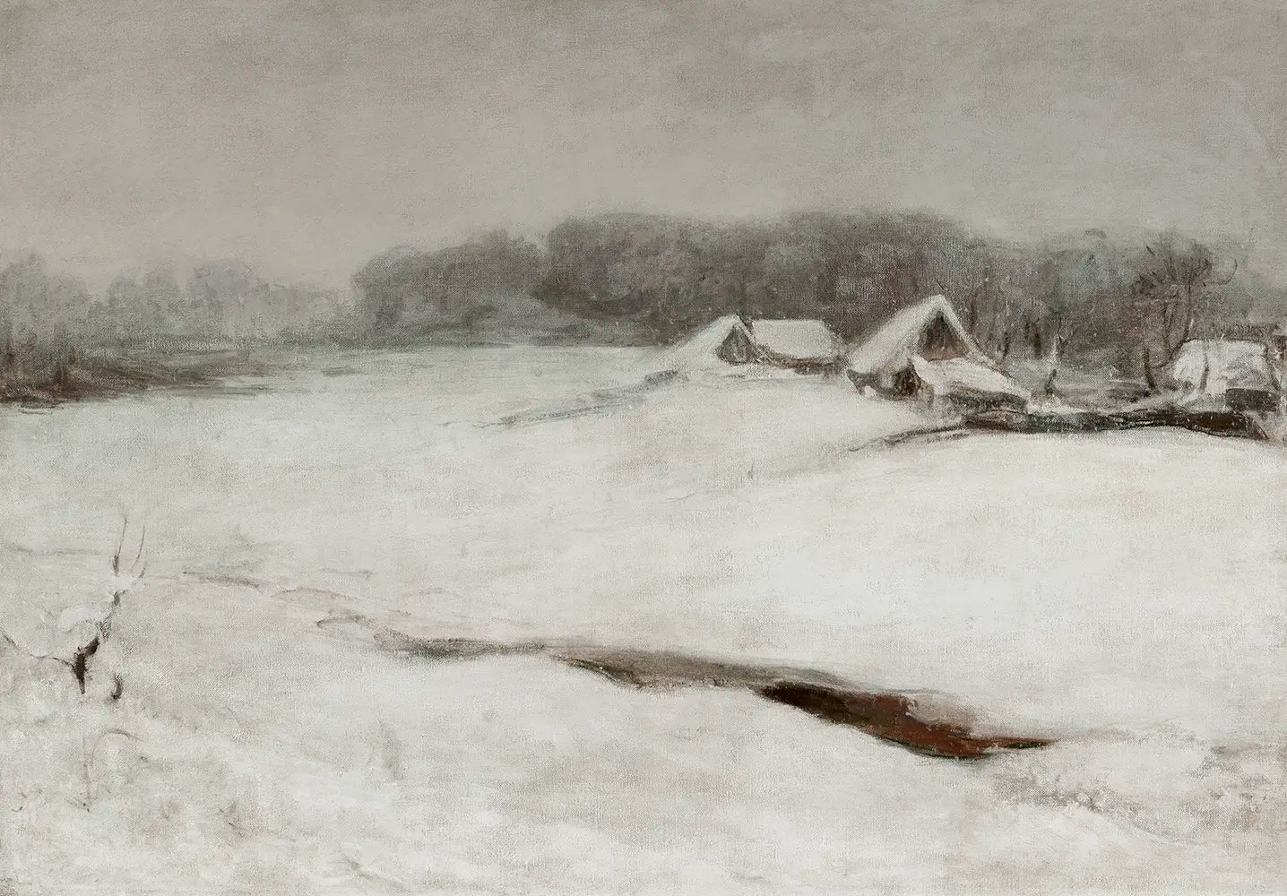 A vintage printable wall art featuring a muted winter landscape painting with a snow-covered field and distant cottages.