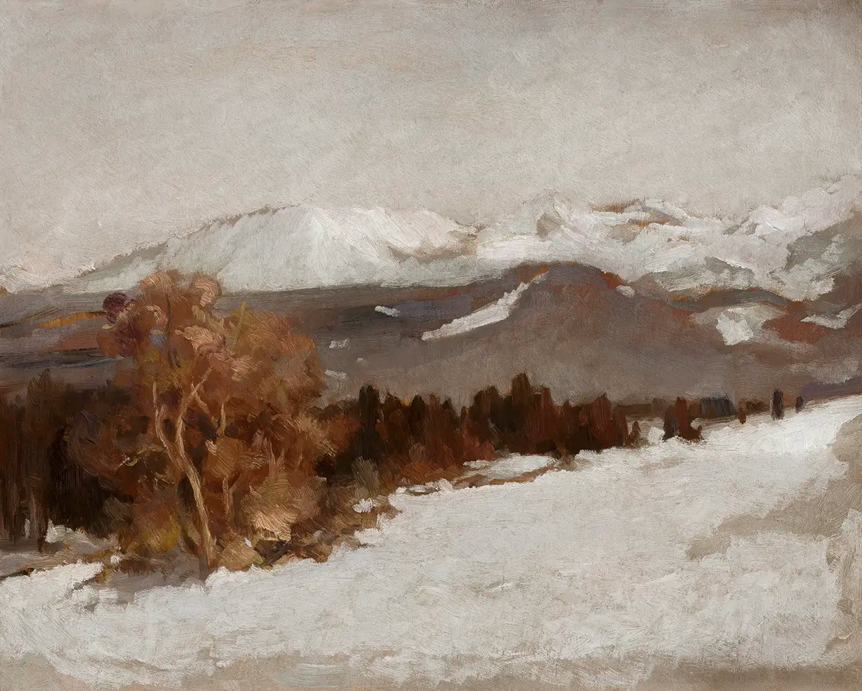 A vintage printable wall art featuring a snowy mountain landscape painting.