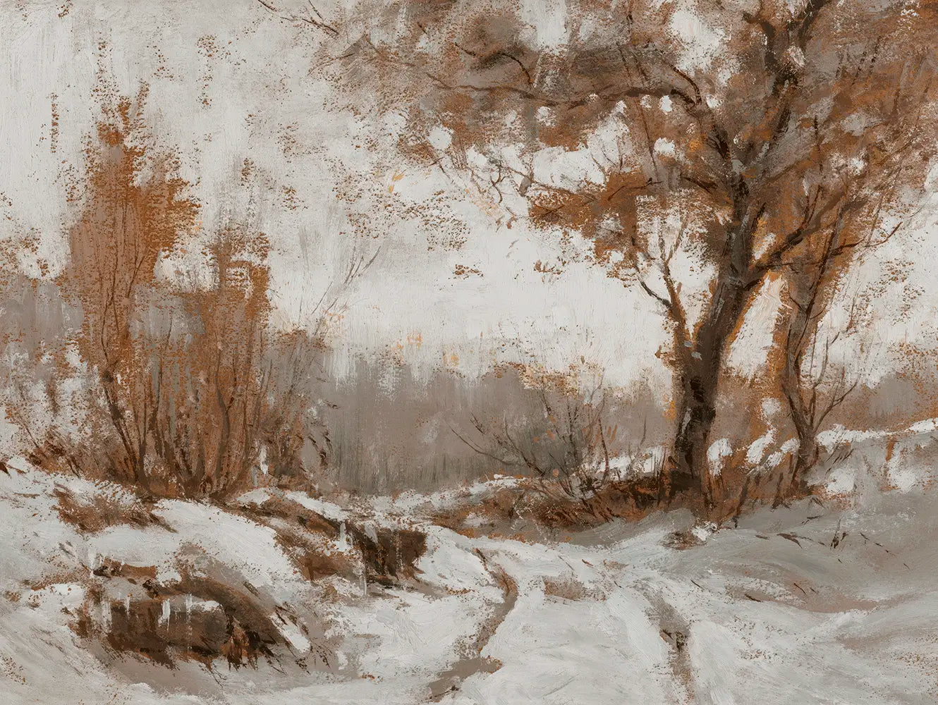 A vintage printable wall art featuring a snow-covered landscape painting.