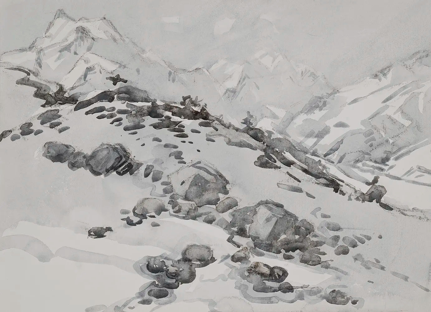 A vintage printable wall art featuring a mountain landscape painting in winter. 