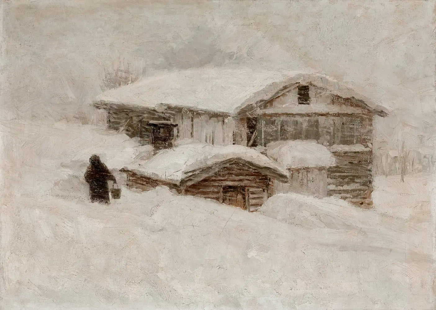 A vintage printable wall art featuring a snowy cabin landscape painting.