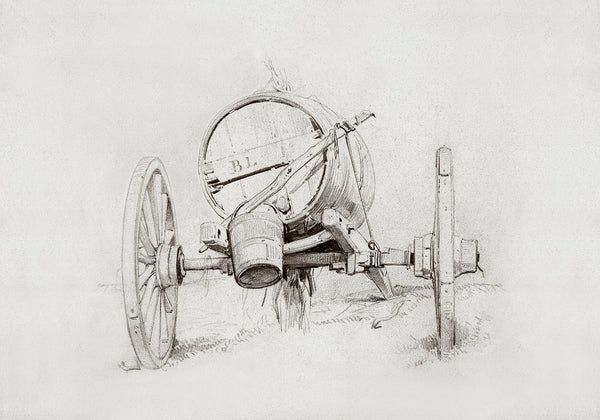 A still life drawing of a water cart. 