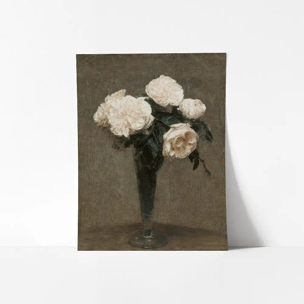 A mockup view of a still life oil painting of white roses in a vase. 