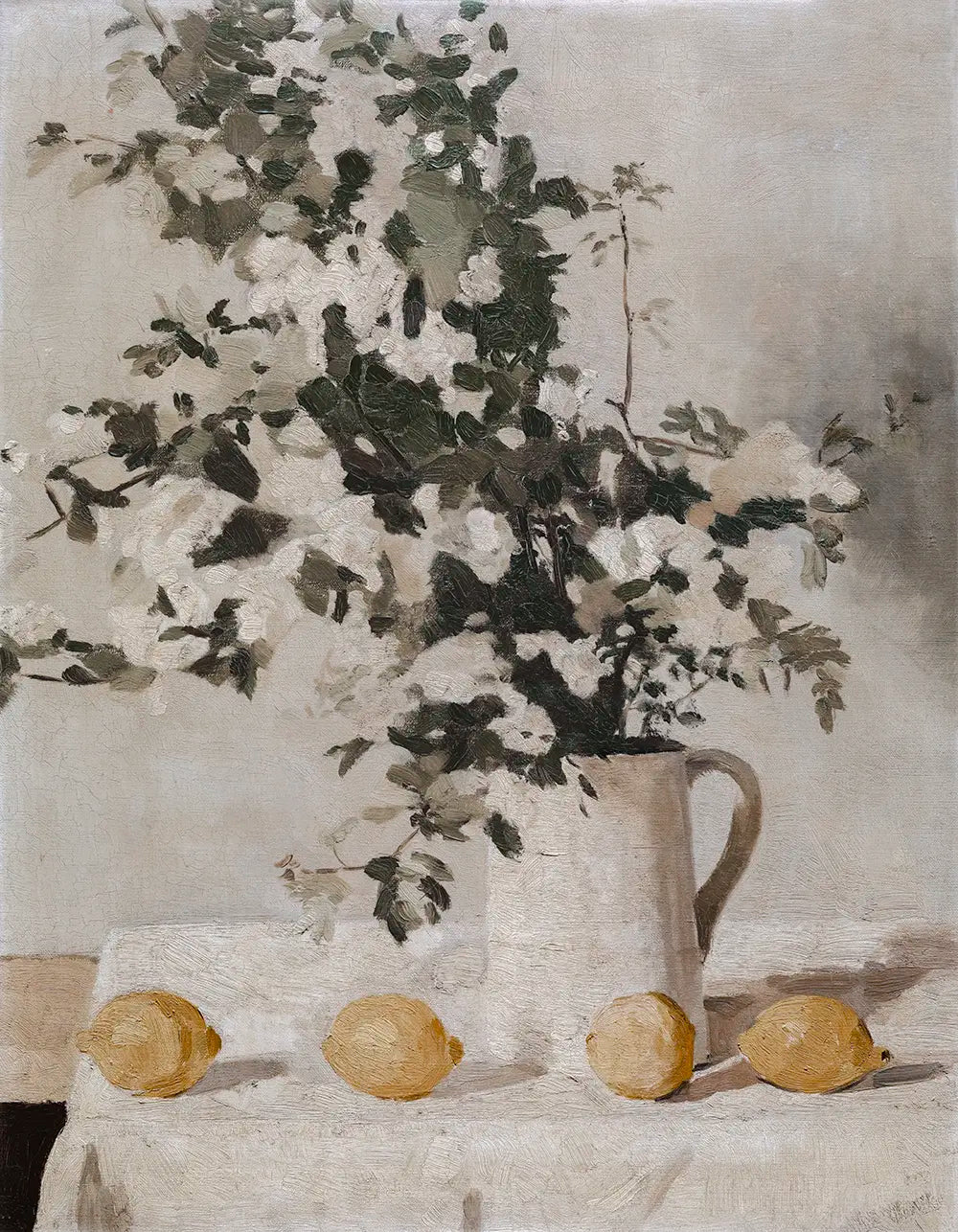 A still life oil painting of bougainvillea branches & Lemons. 