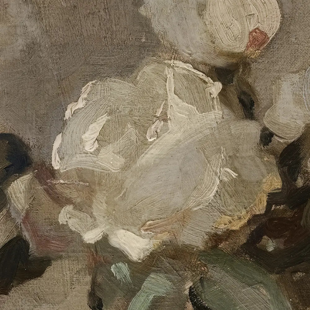 A closeup view of a neutral still life oil painting of white roses. 