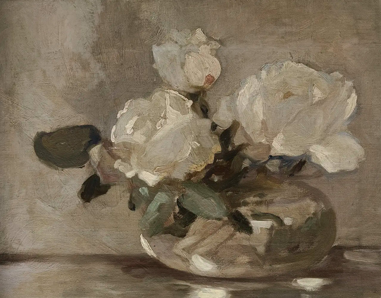 A neutral still life oil painting of white roses. 