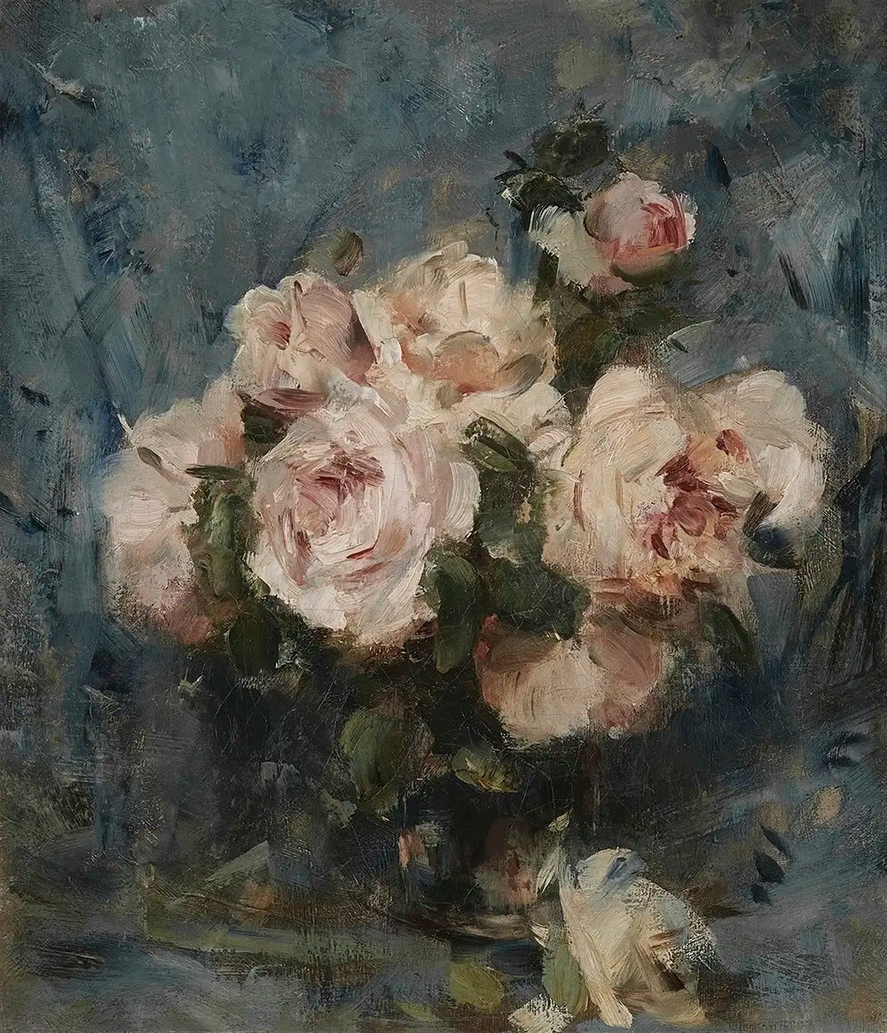 A moody still life oil painting of pink roses.