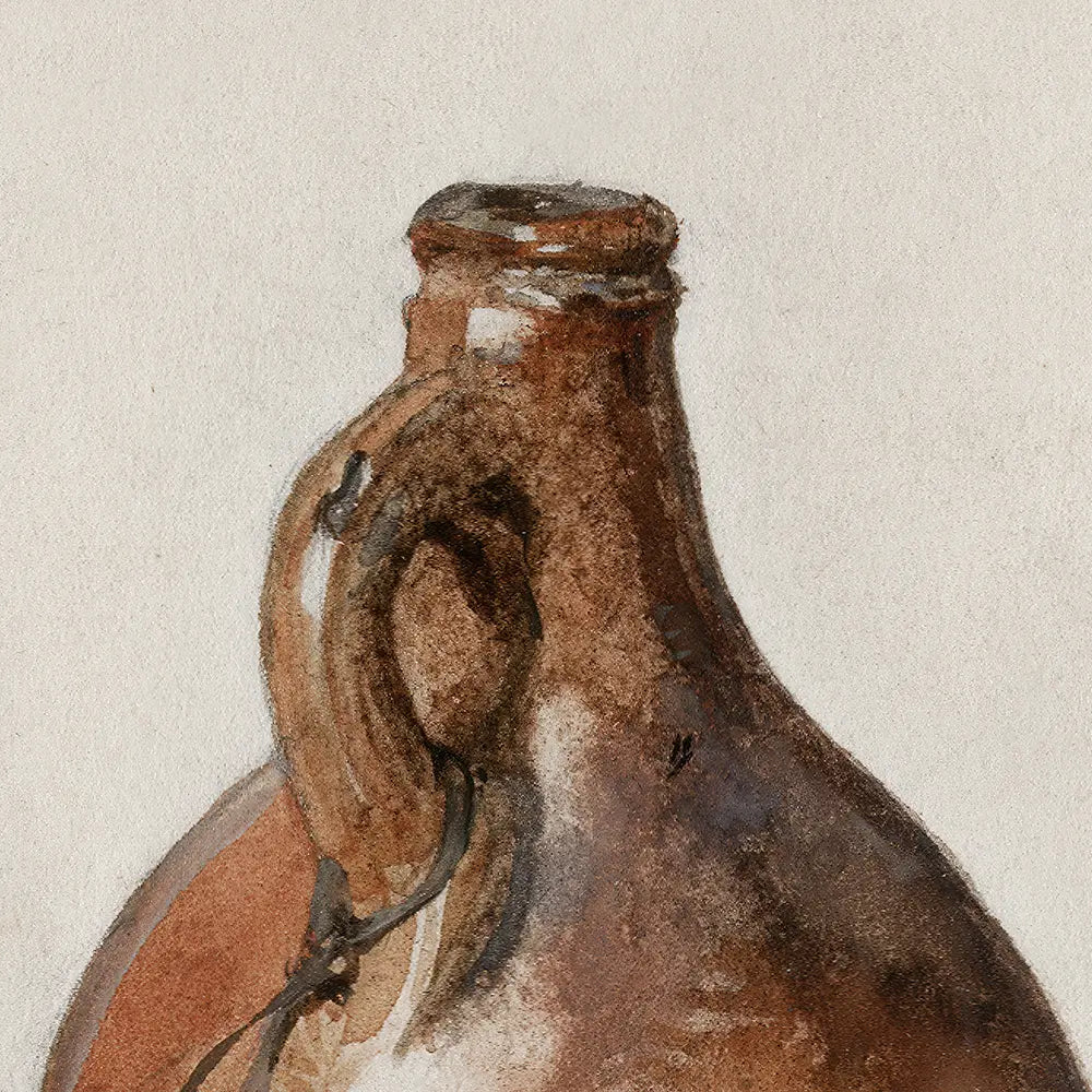 A closeup view of a rustic still life watercolor painting of a pitcher.