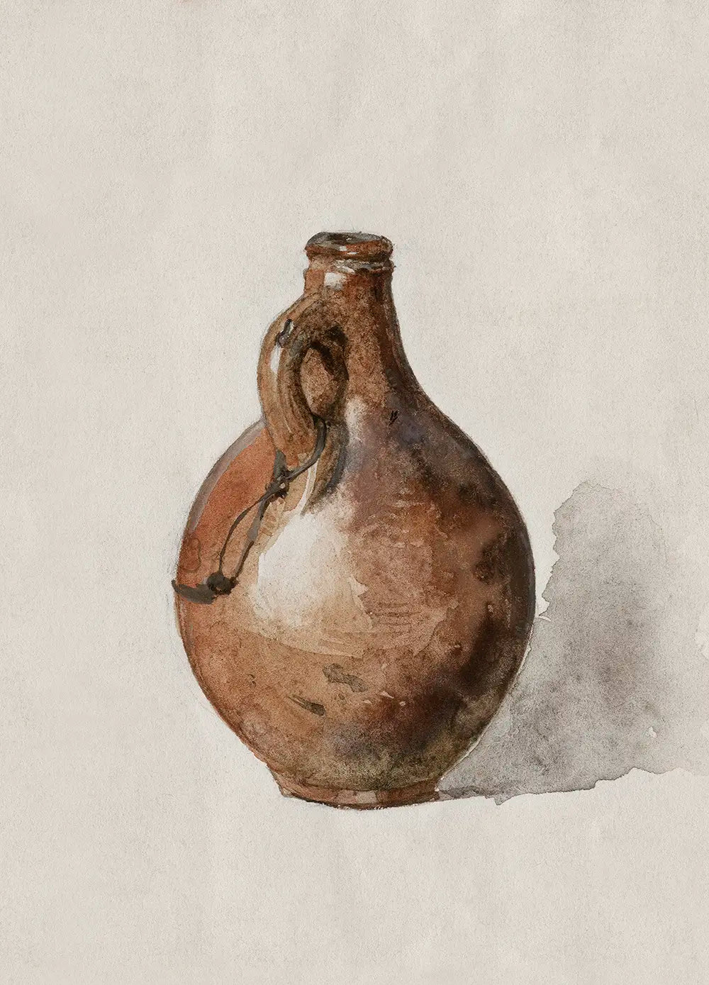 A rustic still life watercolor painting of a pitcher.