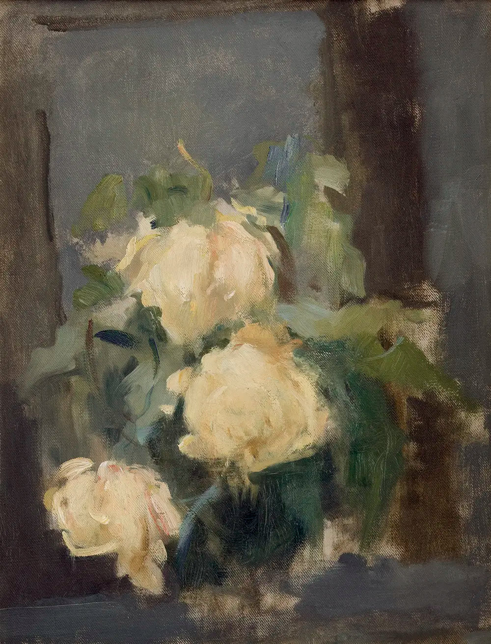 A still life oil painting of a bouquet of yellow roses on a dark background. 