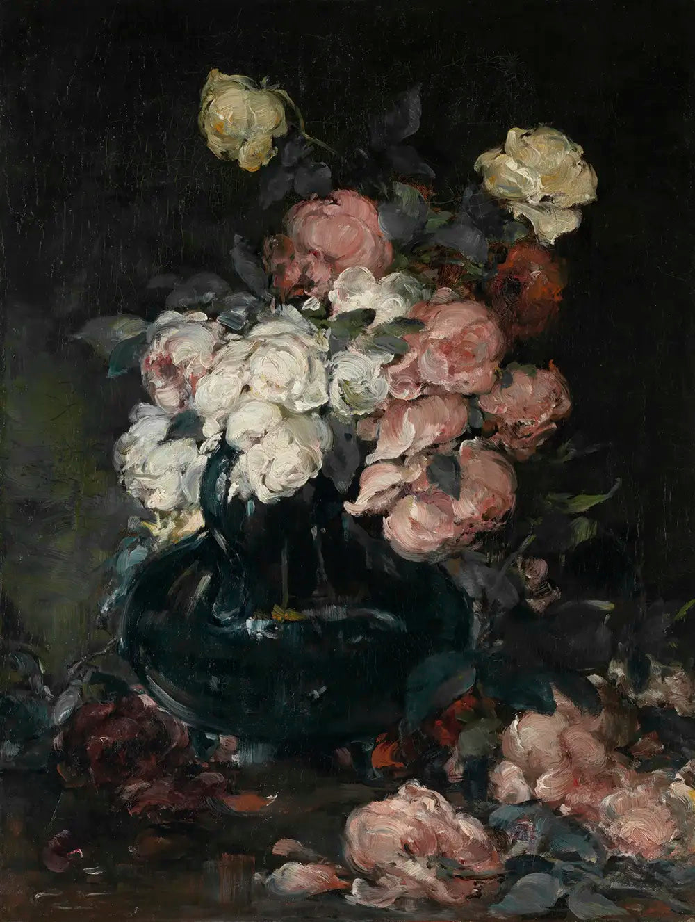 A dark moody still life oil painting of pink and white roses. 