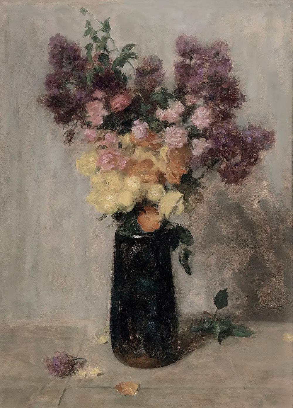 A still life painting of a bouquet of lush hydrangeas. 