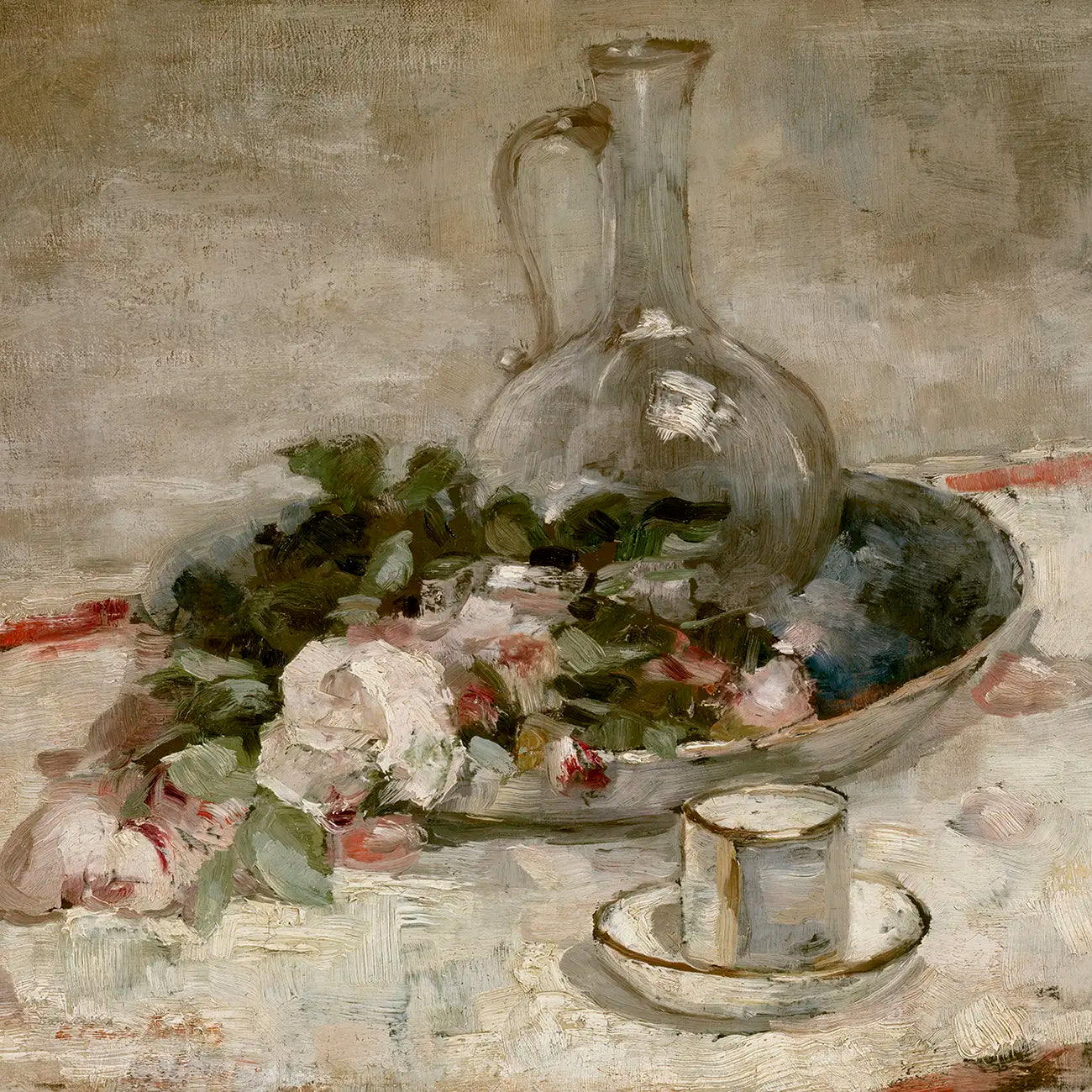 A charming oil painting of a still life with flowers.