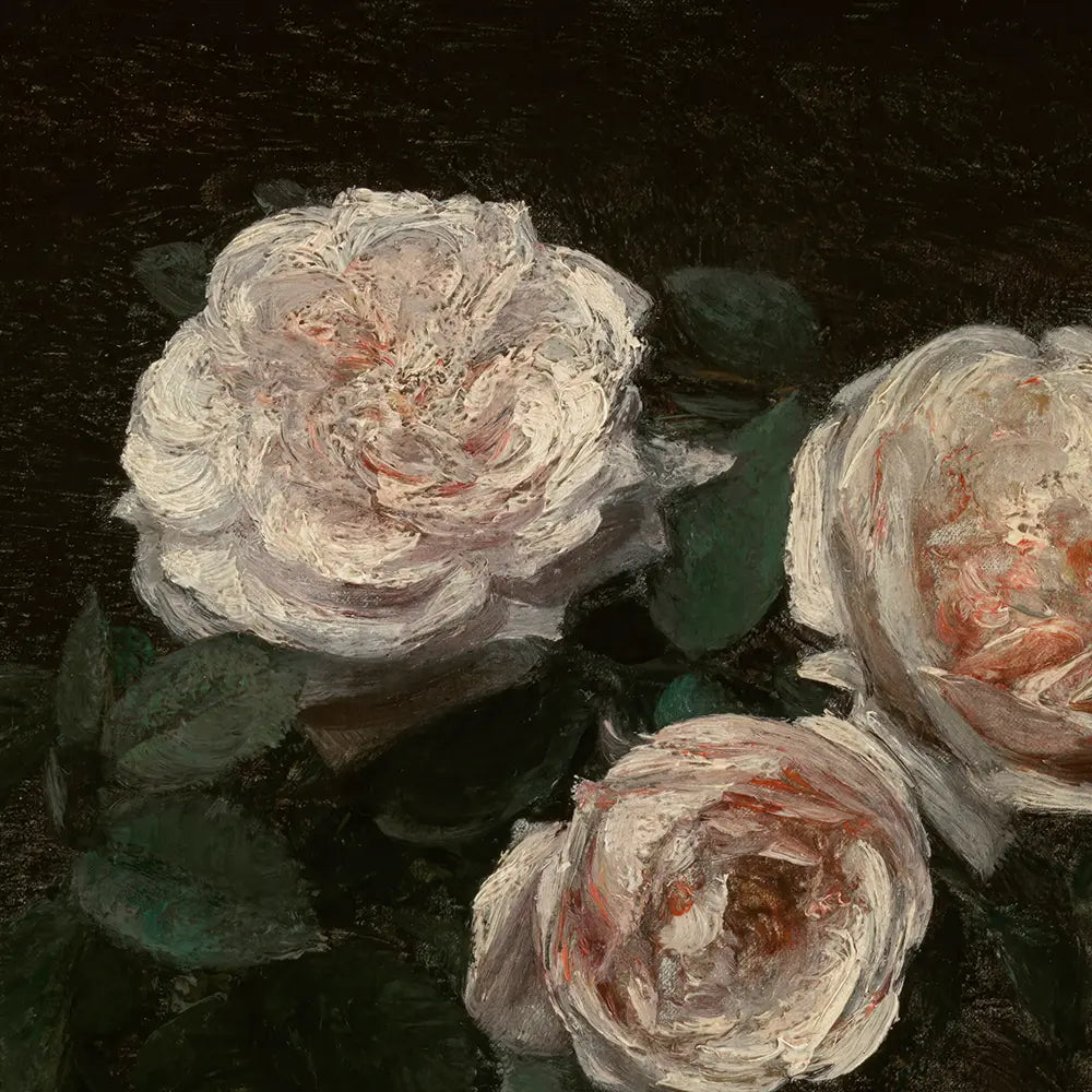 A closeup view of a dark moody still life oil painting of a bouquet of pink roses.