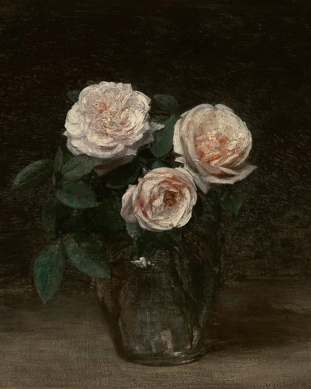 A dark moody still life oil painting of a bouquet of pink roses.