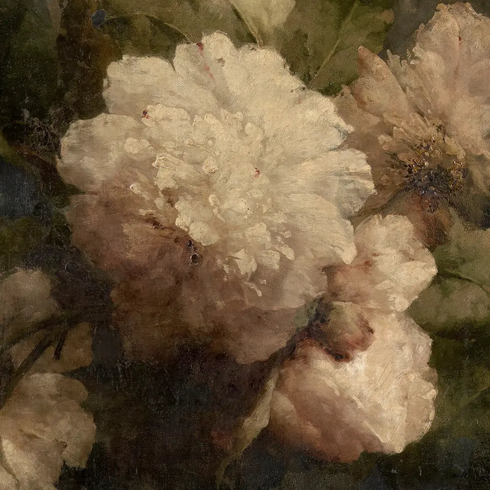 A closeup view of a dark moody still life oil painting of peonies.