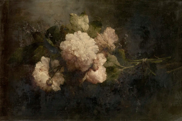 A dark moody still life oil painting of peonies.