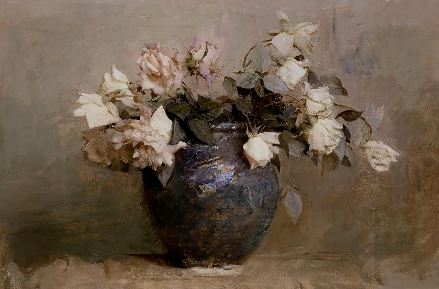 A neutral still life oil painting of roses.