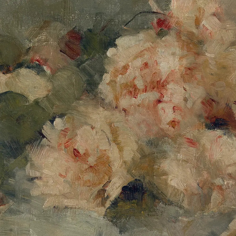 A closeup view of a still life oil painting of a bouquet of freshly cut blush roses. 