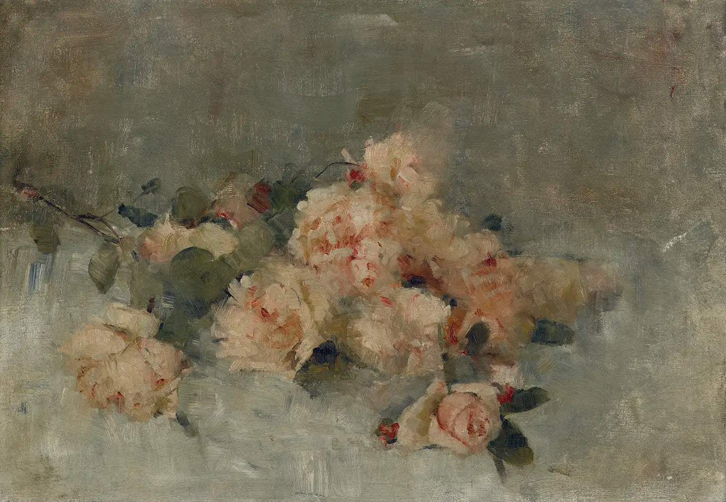 A still life oil painting of a bouquet of freshly cut blush roses. 