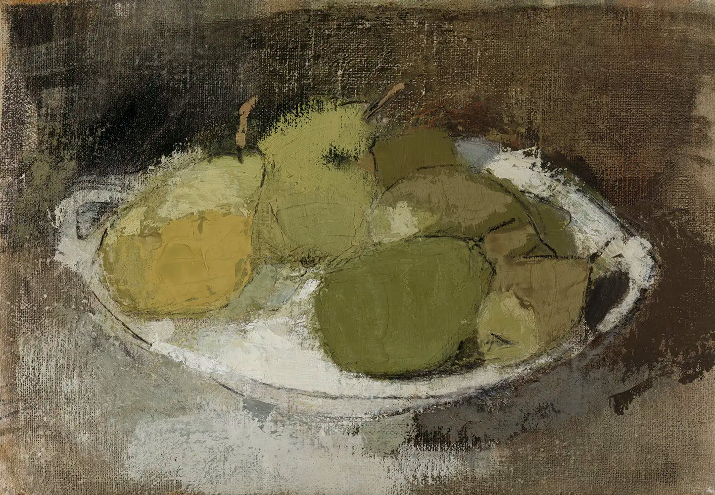 A muted still life painting of yellow and green pears. 