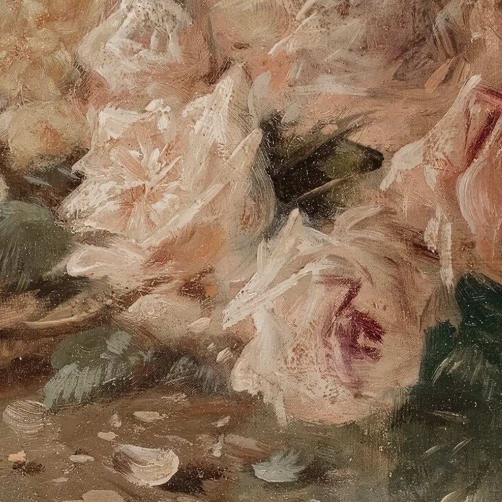 A closeup view of a still life oil painting of a bouquet of blush roses.