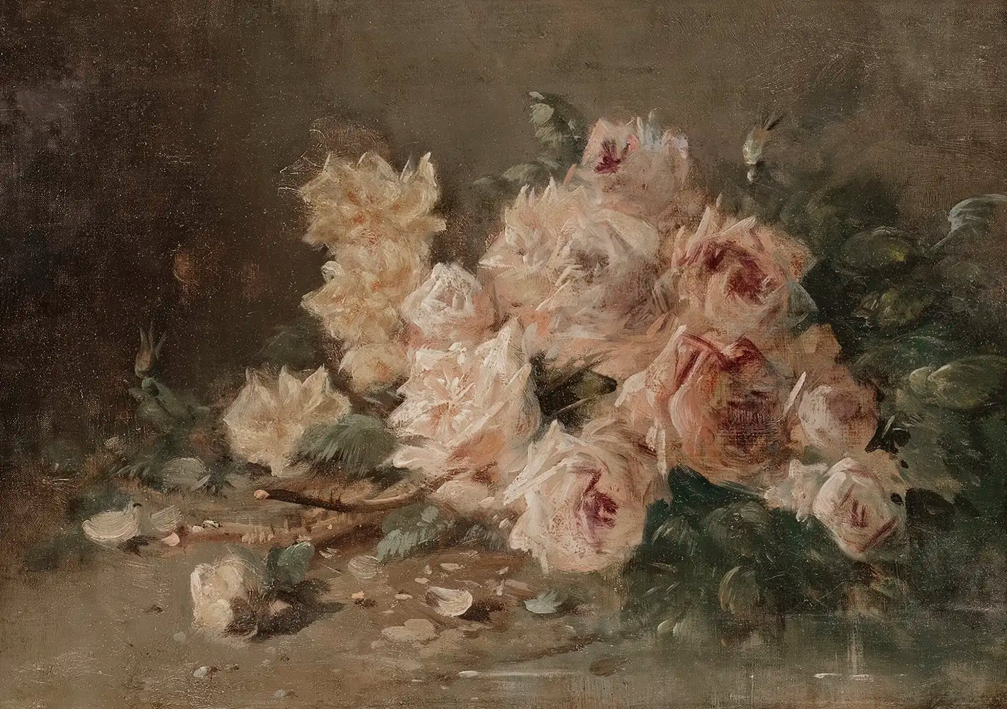 A still life oil painting of a bouquet of blush roses.