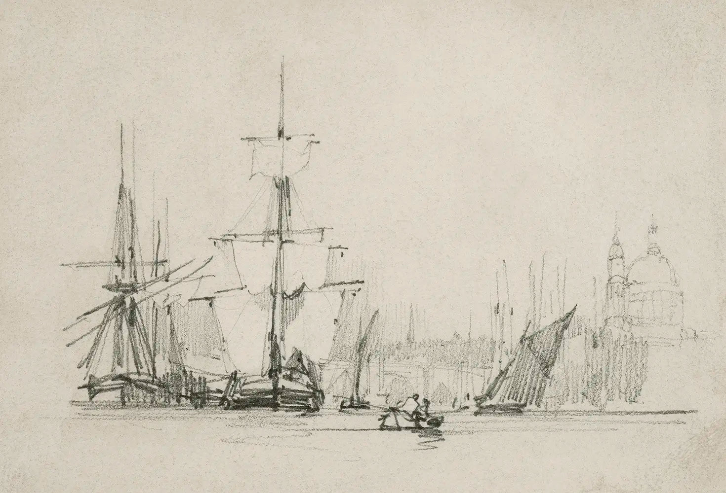 A loose pencil sketch captures a picturesque view of the River Thames