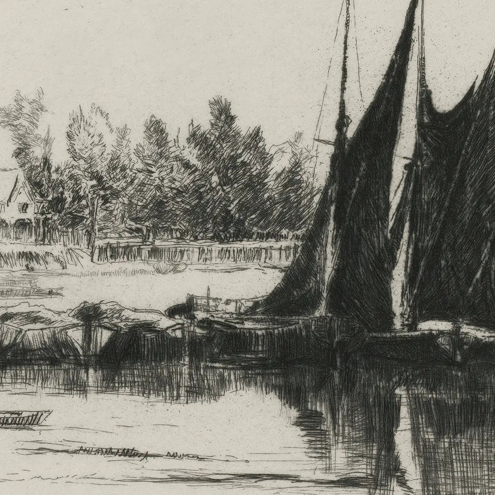 A closeup view of a black and white sketch of a river scene, with two sailboats moored to the shore.