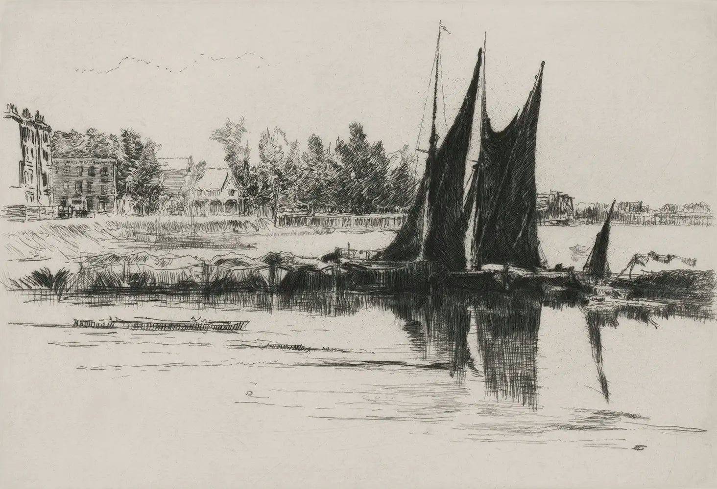 A black and white sketch of a river scene, with two sailboats moored to the shore.