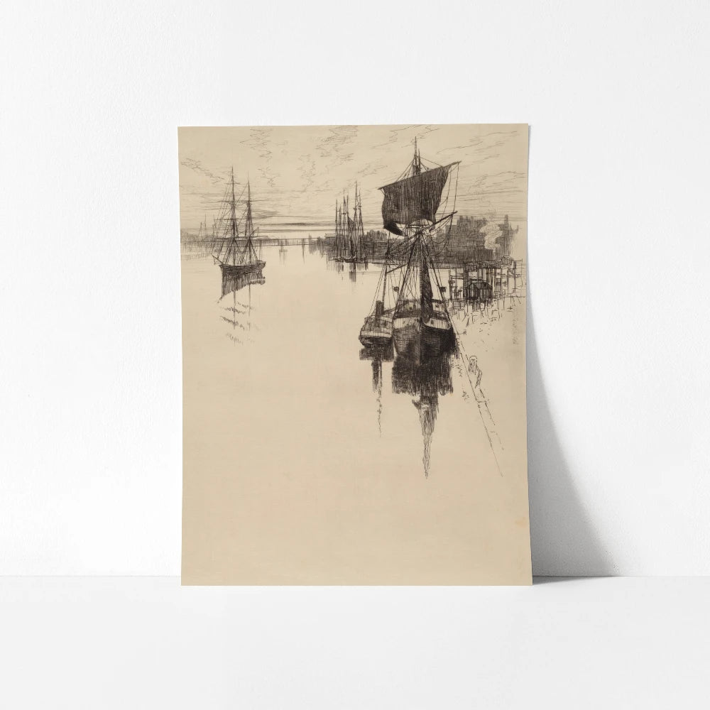 A vintage printable wall art featuring a serene harbor scene at dusk.