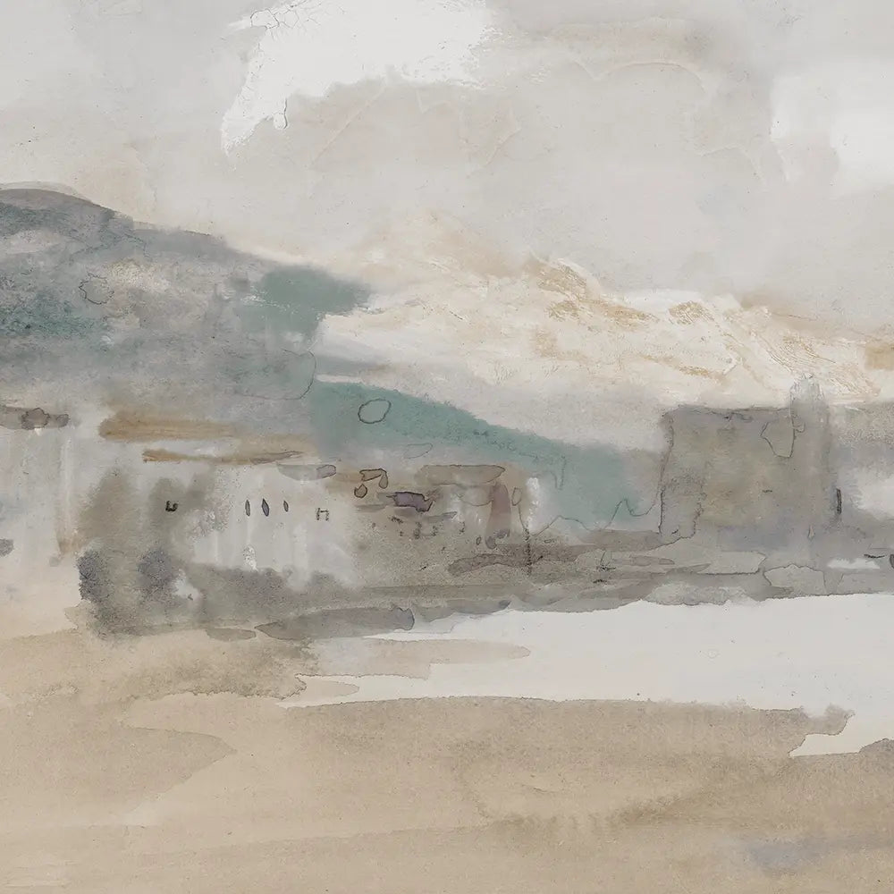 A closeup view of a seascape watercolor painting of the sandy shore of Nice City, France.