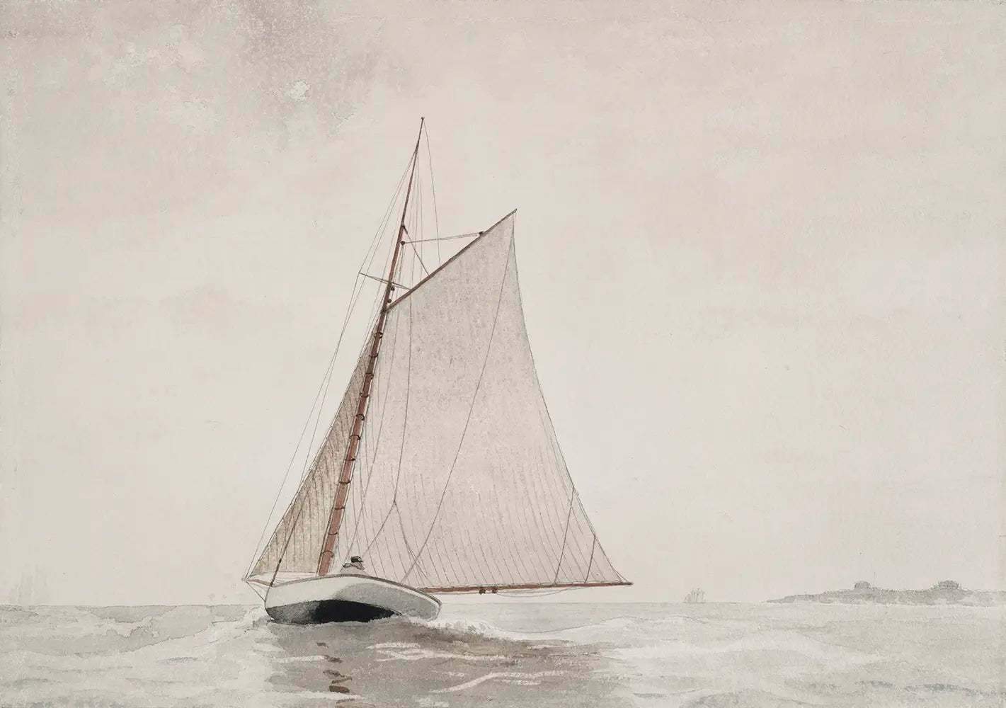 A seascape watercolor painting of a sailboat.