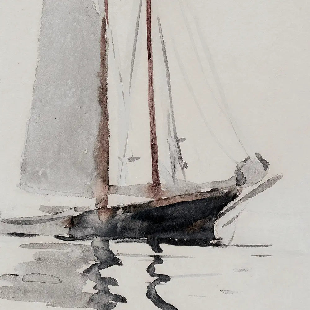 A closeup view of a seascape watercolor painting of a schooner.